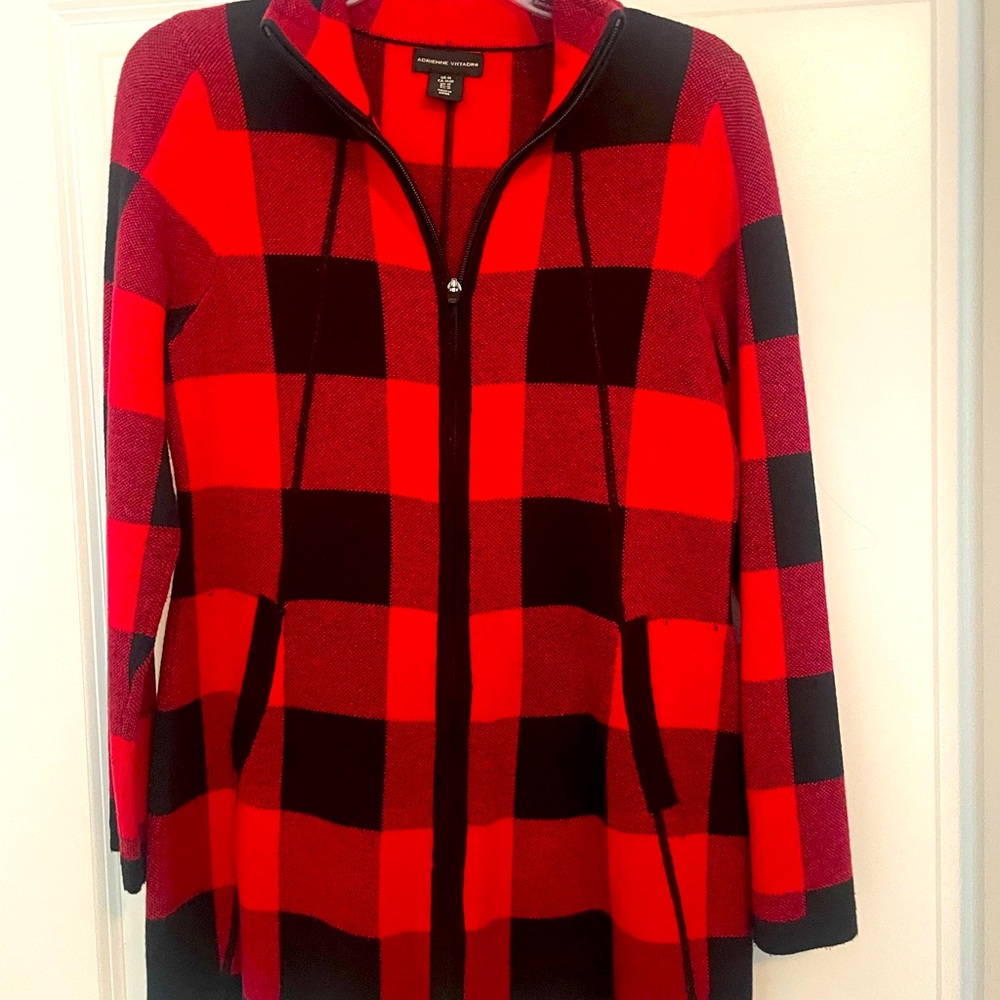 Vivienne Vittadini, women’s red and black plaid sweater zip up front pockets